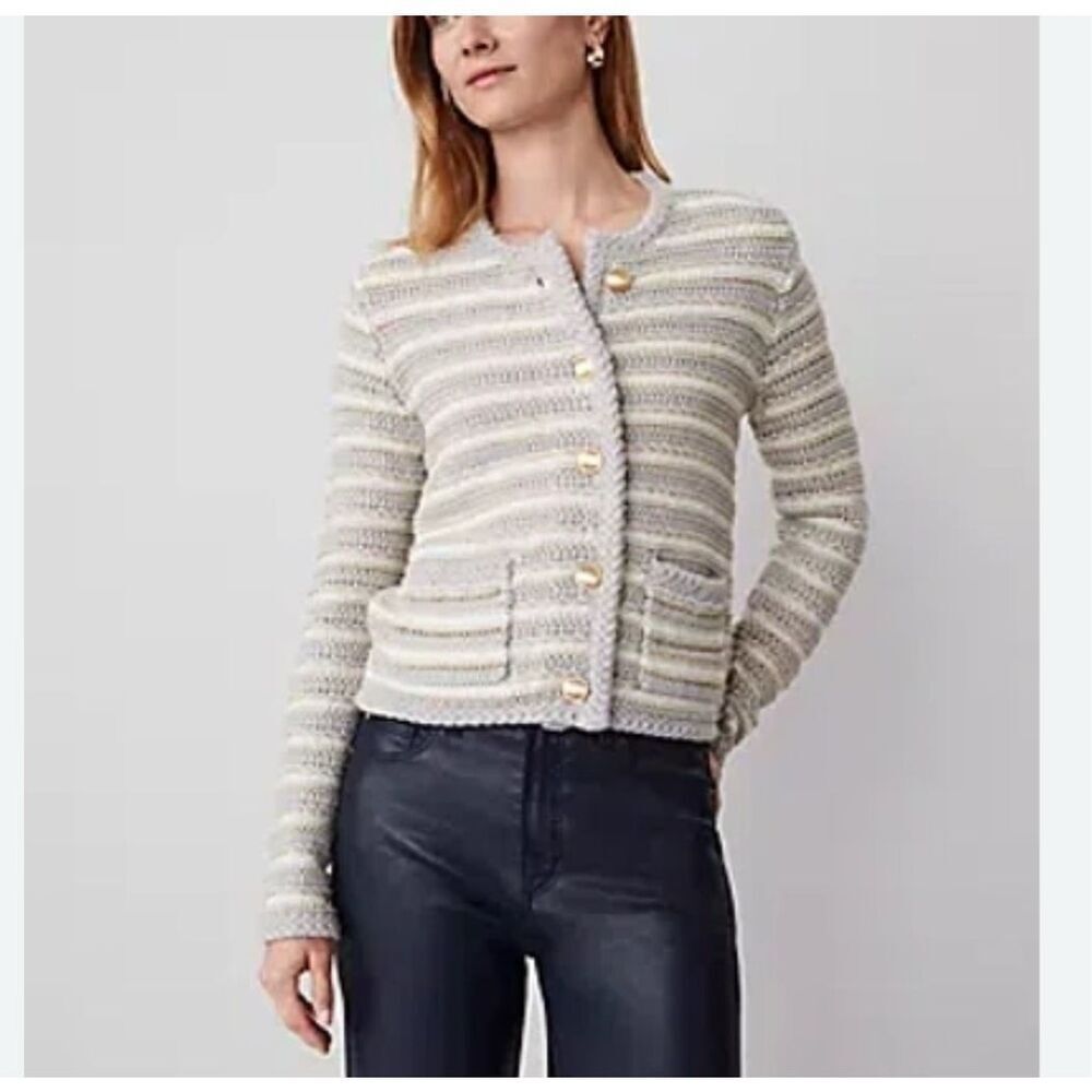 Ann Taylor Lurex Tweed Cardigan Jacket Grey Gold Metallic Stripe Large